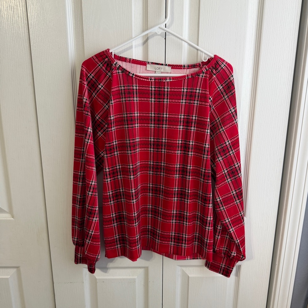 Loft red velour‎ plaid long sleeve top size medium